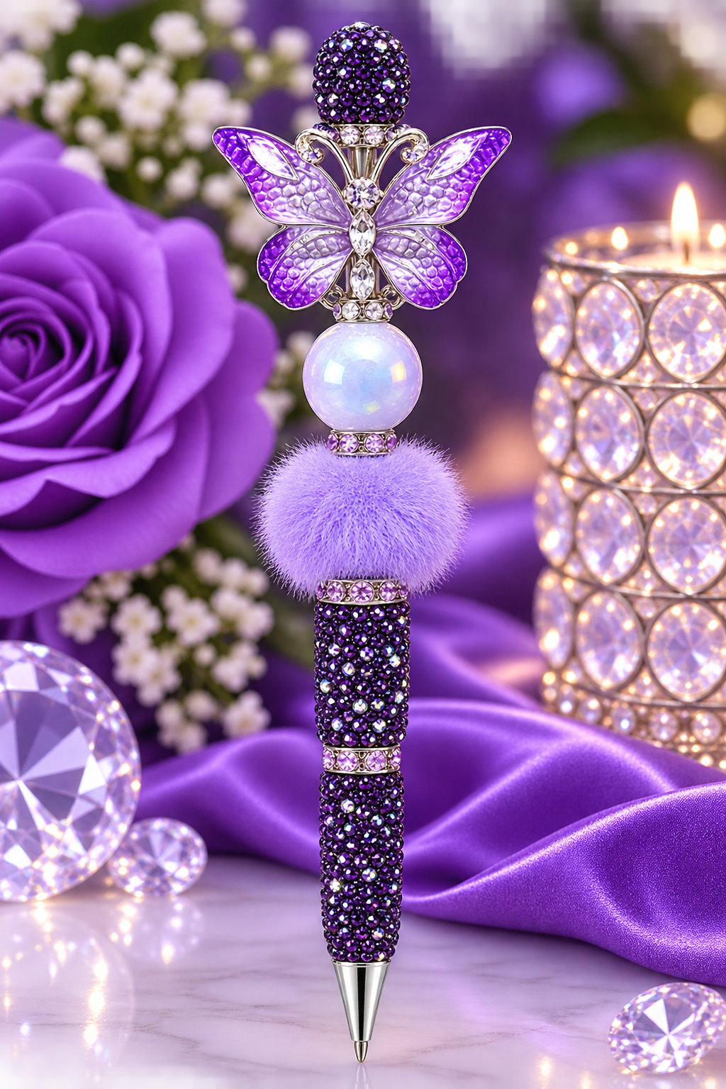 Purple beaded pen with butterfly bead