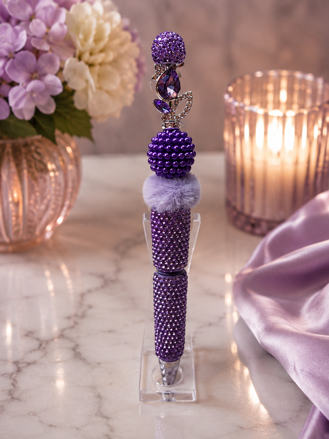 Purple beaded pen with lily focal