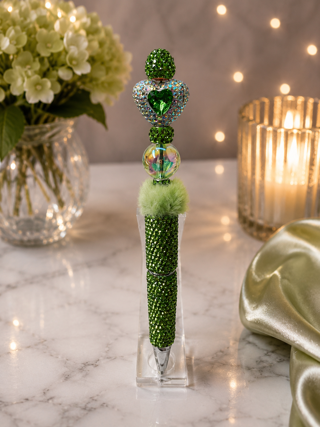 Green beaded pen with green heart