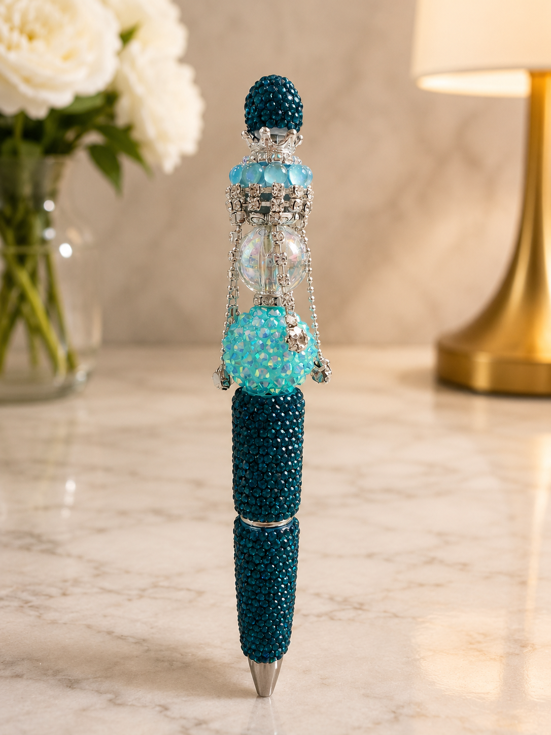 Teal green beaded pen with chandelier bead