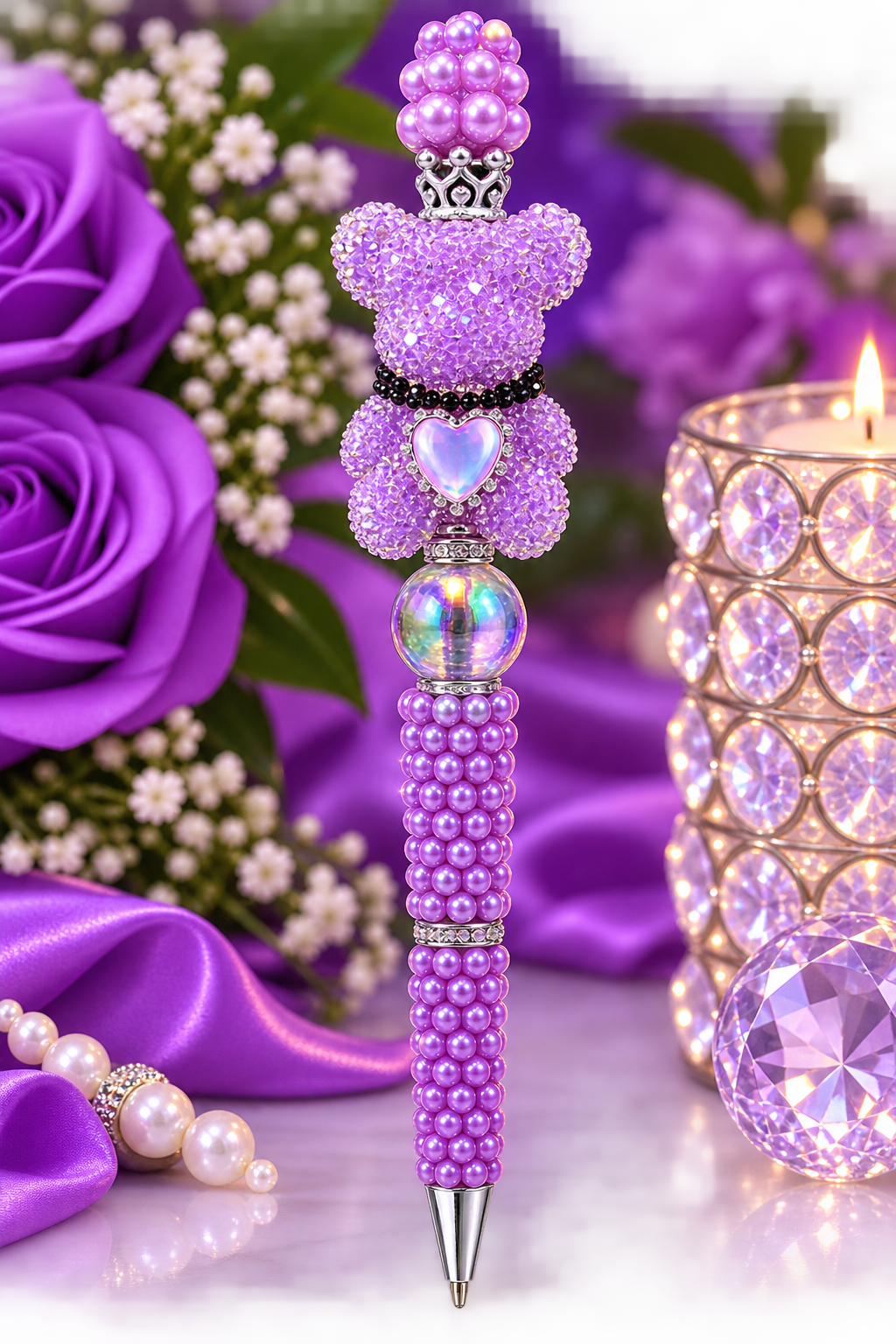 Lavender pearl beaded pen with lavender bear
