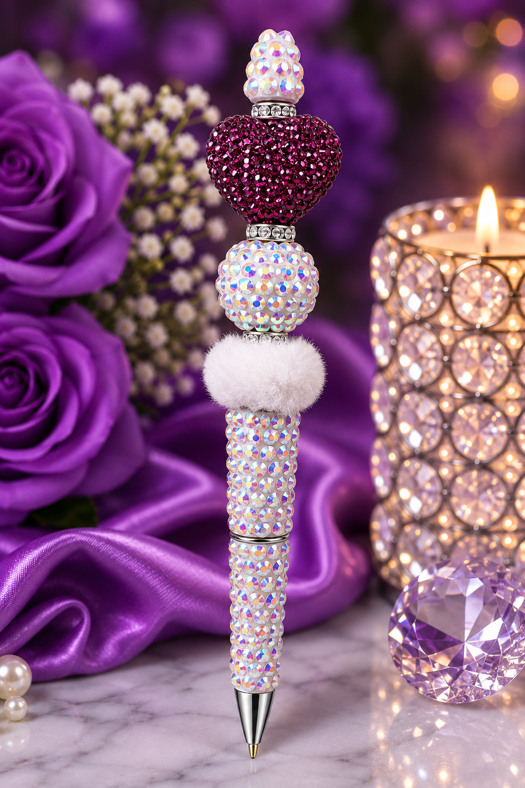 White beaded pen with pink heart