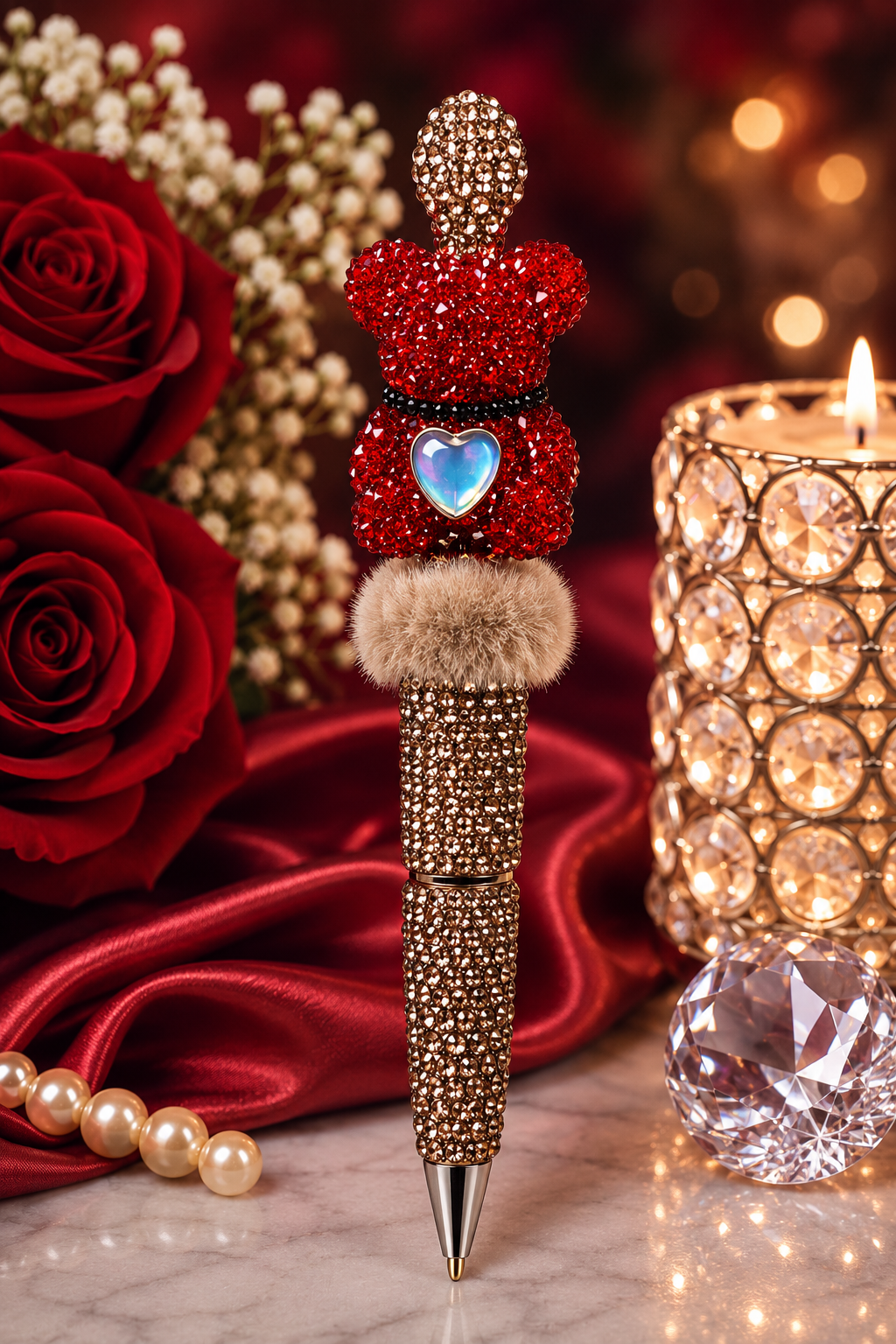 Gold beaded pen with Red Teddy Bear