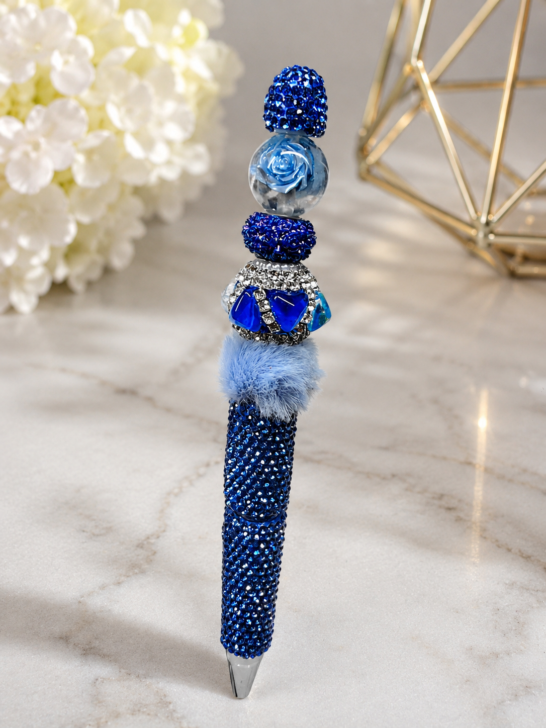 Blue beaded ink pen with rose focal bead