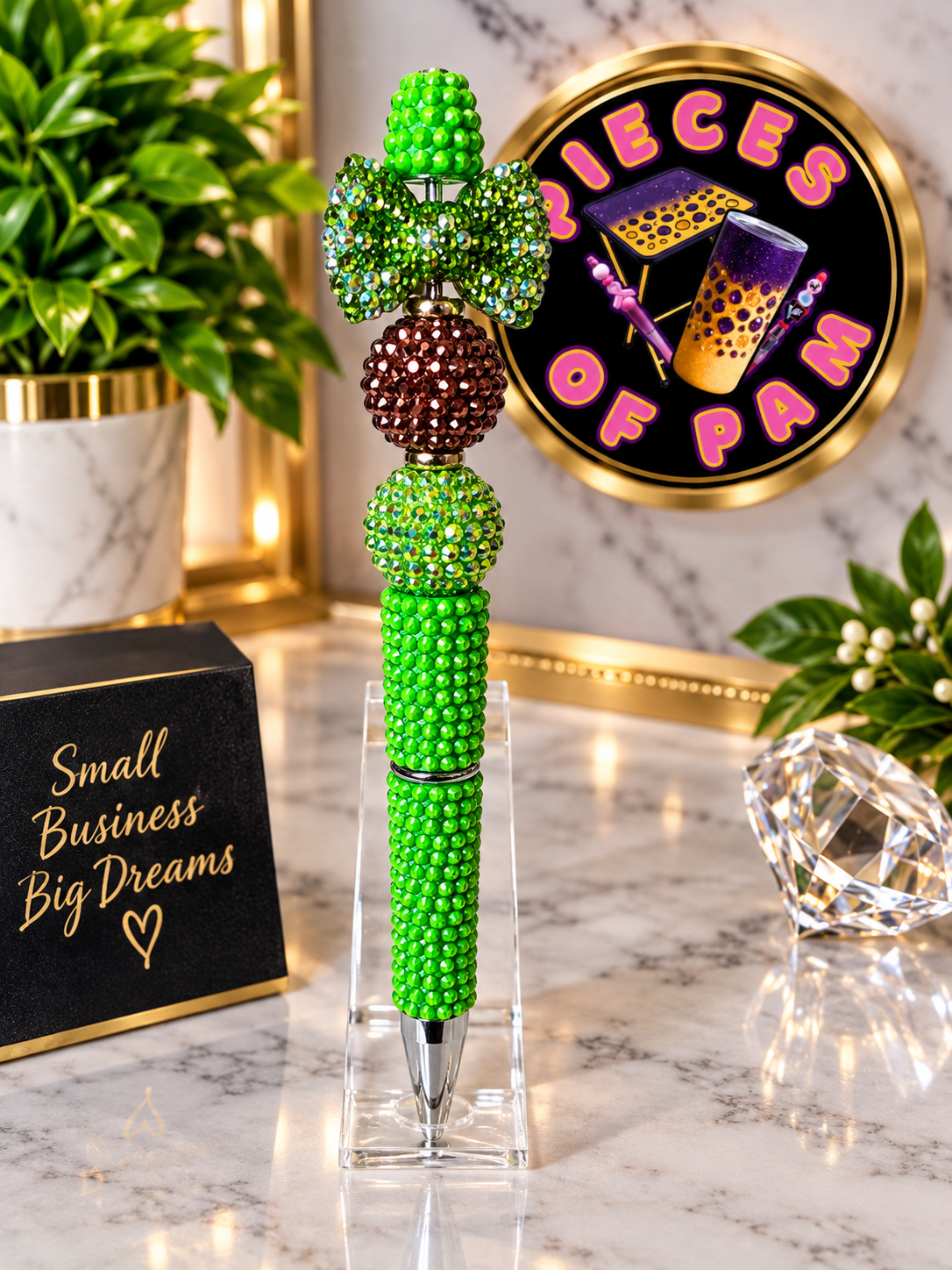Lime green beaded pen with brown focal bead