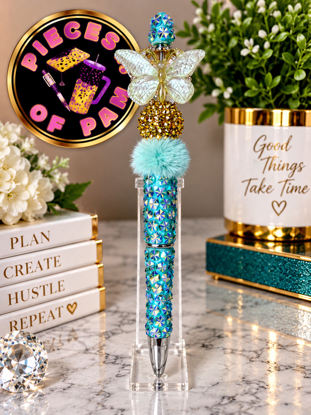 Blue beaded pen with white butterfly