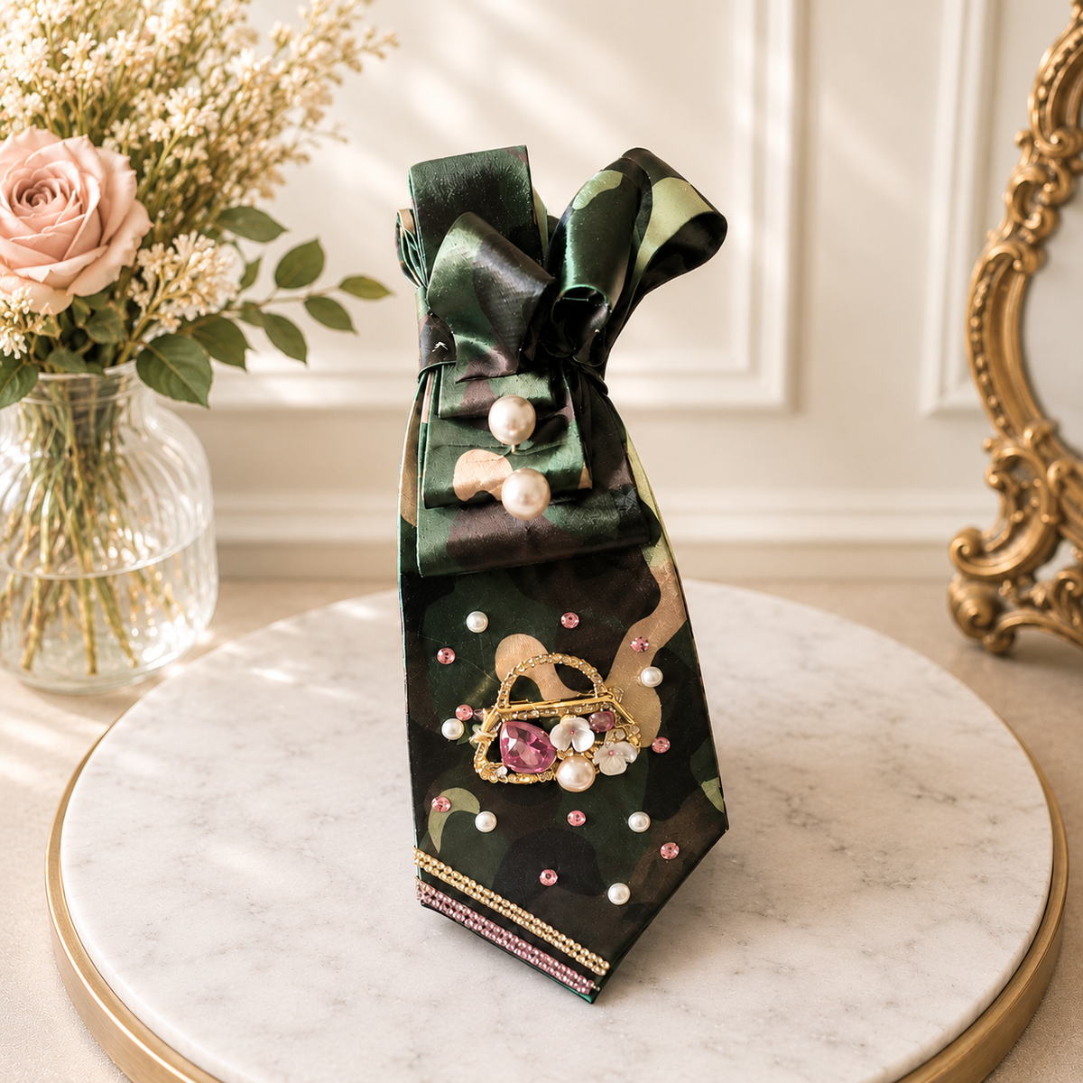 Camouflage Necktie with pink and pearl accessories