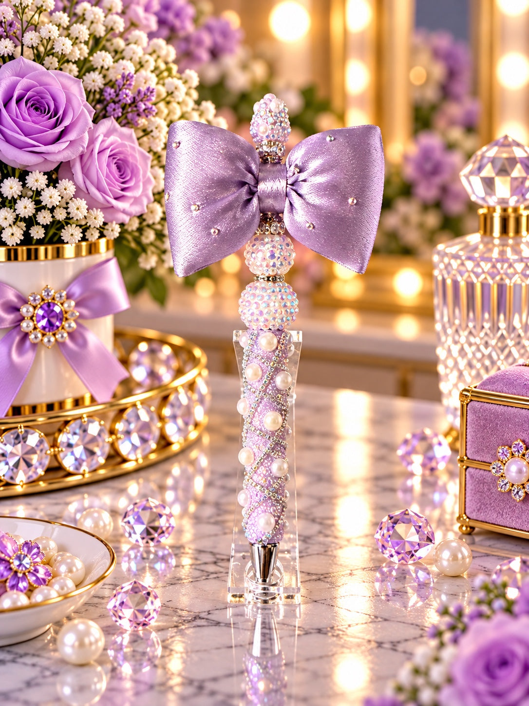 Handmade lavender bow and pearl beaded pen with crystal accents