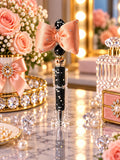Peach Elegance Bow and Black Rhinestone Beaded Pen