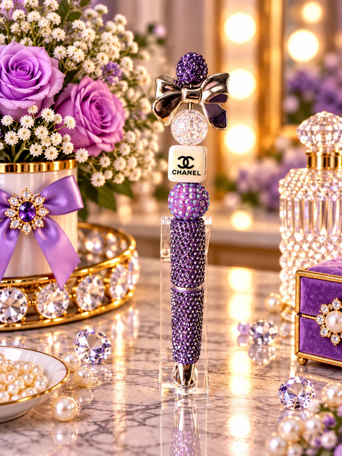 Purple rhinestone beaded pen with metallic bow and decorative double-C motif