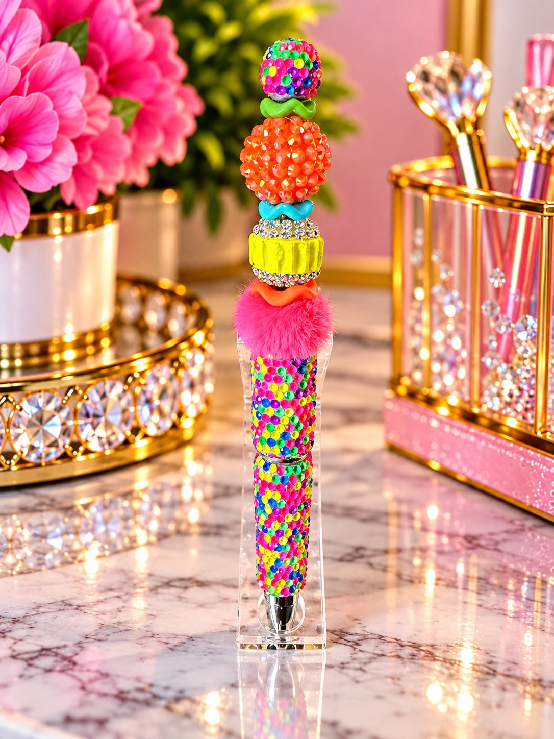 Rainbow rhinestone beaded pen with hot pink fluffy accent and orange yellow colorful crystal beads