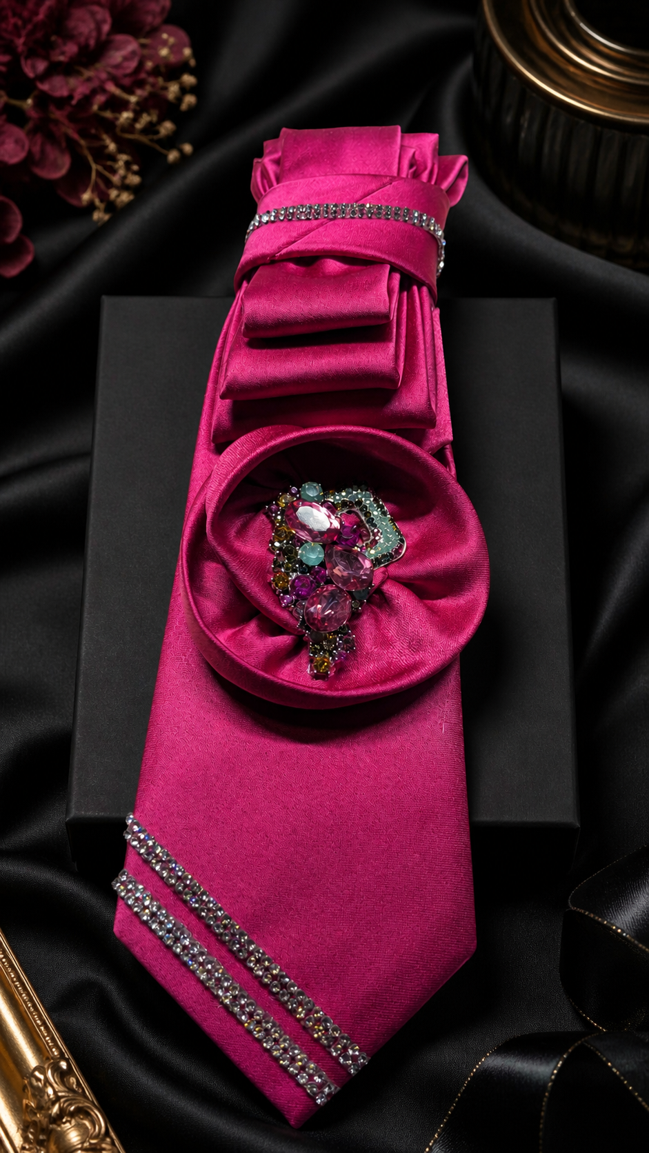 Fuchsia Necktie with silver rhinestones