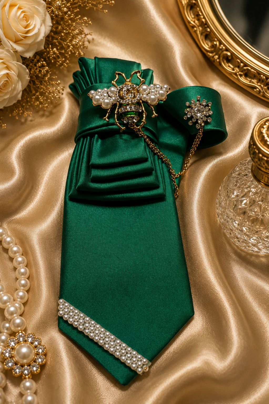 Green Necktie with bee chain brooch