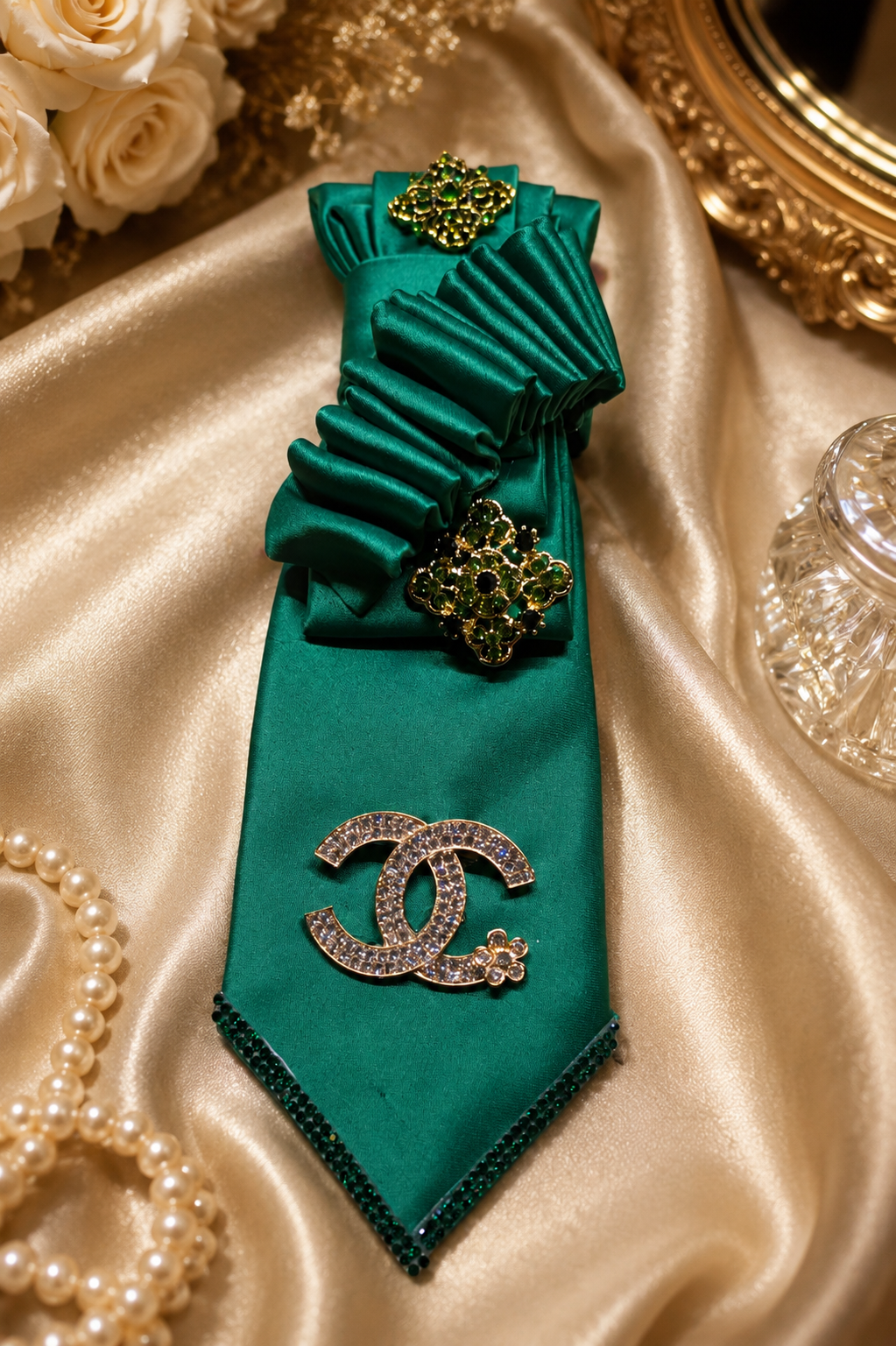 Green Necktie with ruffles and CC Brooch