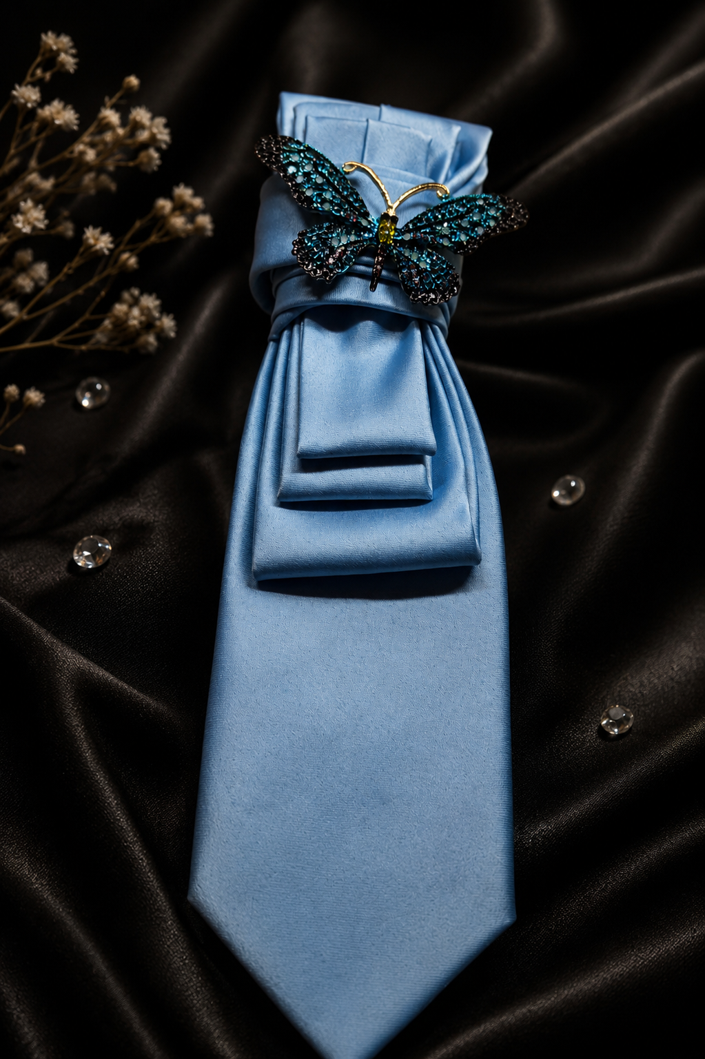 Baby Blue Necktie with Butterfly Brooch
