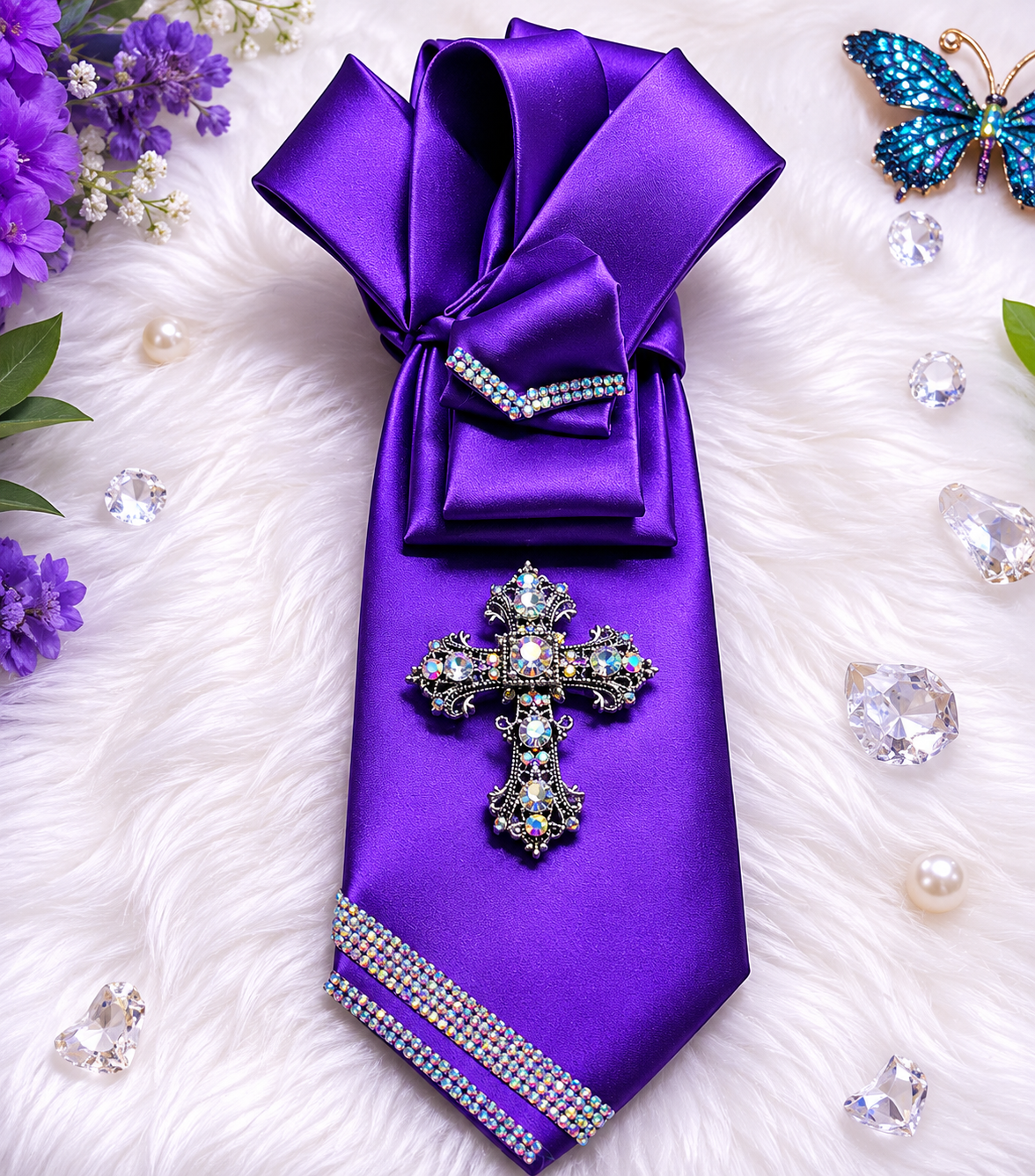 Purple Necktie with Silver Cross and Rhinestones