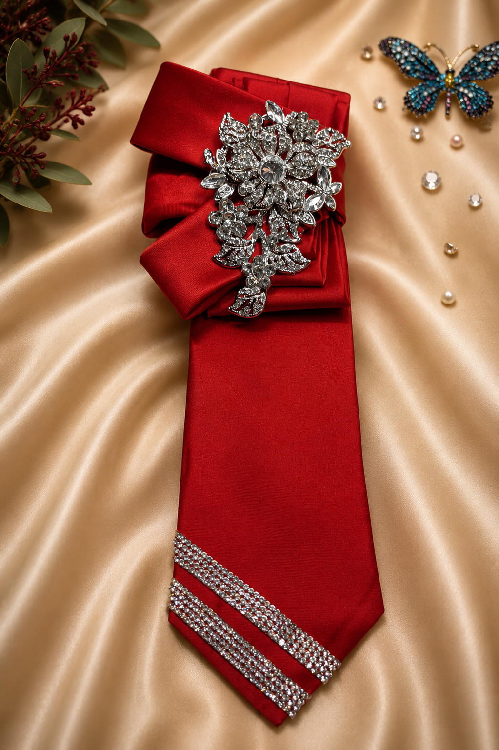 Red Necktie with Silver Brooch