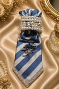 Blue and Gray Necktie with pearls accessories and blue brooch