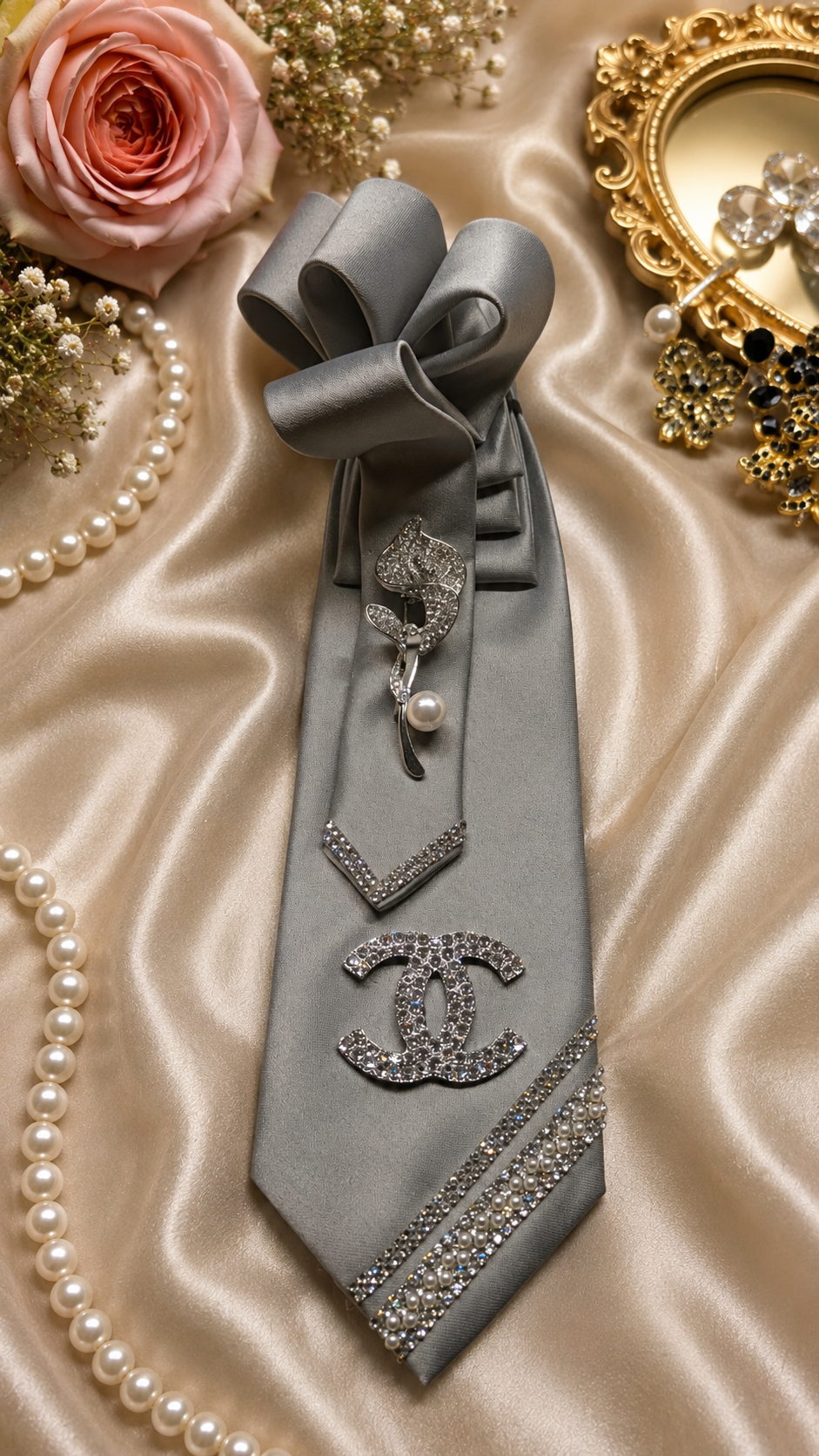 Gray Necktie with Ribbon Bow CC brooch and Lily
