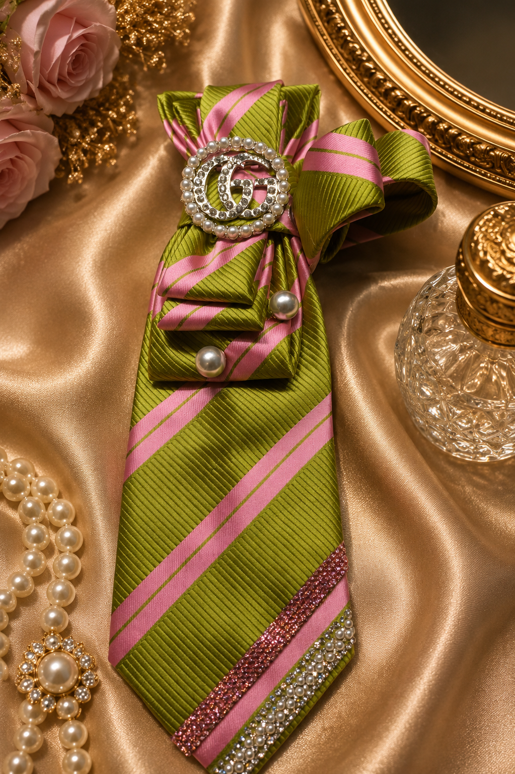 Pink and Lime green Necktie with GG Brooch
