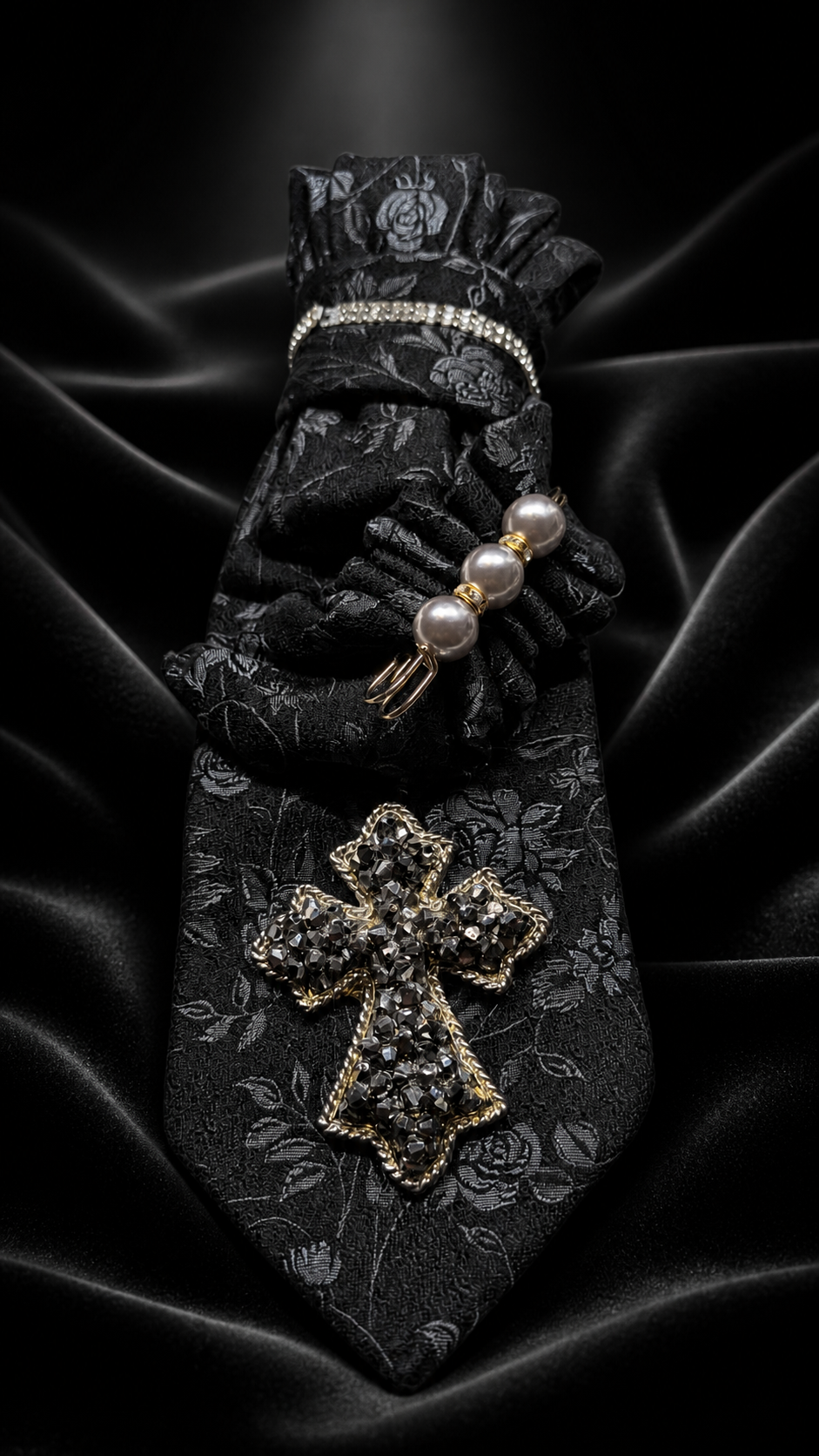 Black Necktie with Ruffles and Cross brooch