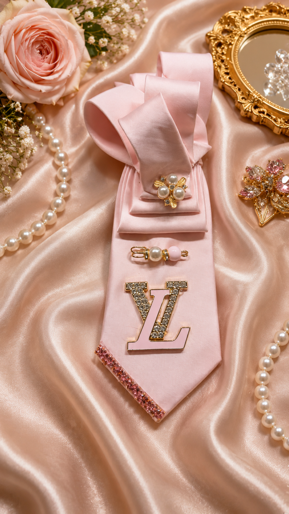 Pink Necktie with Ribbon Bow and LV brooch