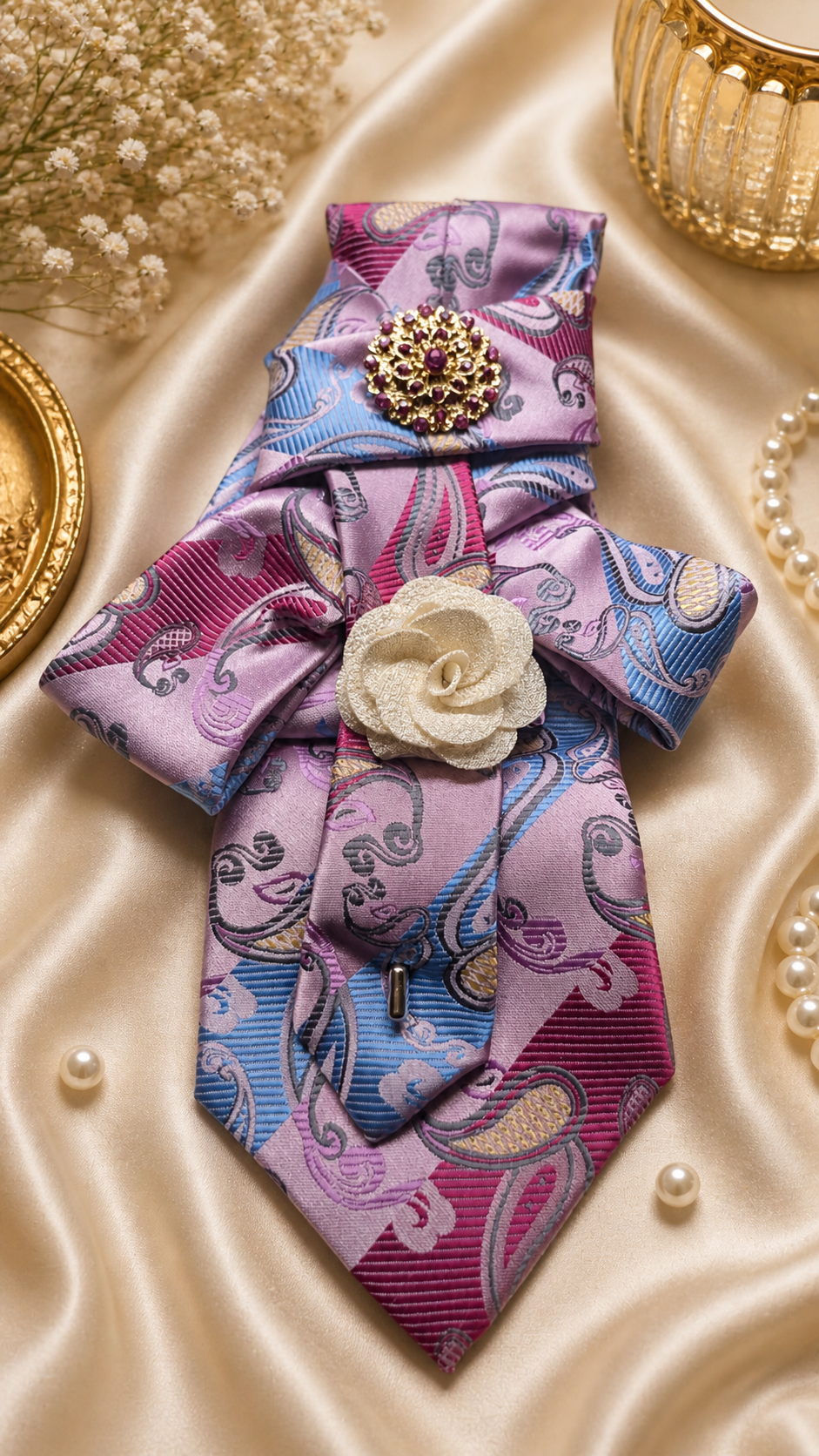 Multicolored necktie with white flower