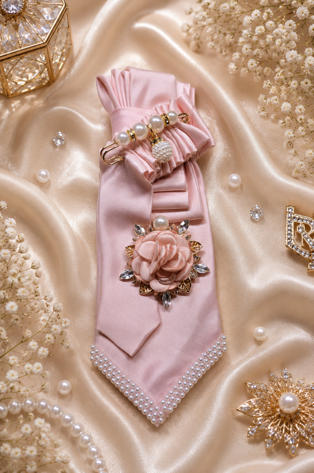 Pink Necktie with pink flower brooch