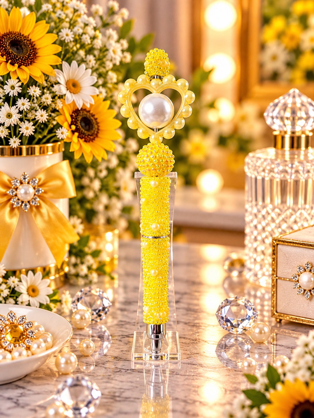 Yellow pearl heart beaded pen with white pearl centerpiece